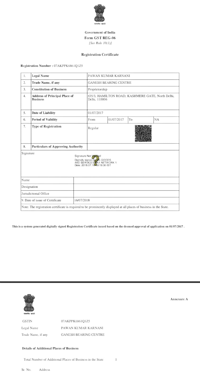 GST Registered certificate — Ganesh Bearing Centre